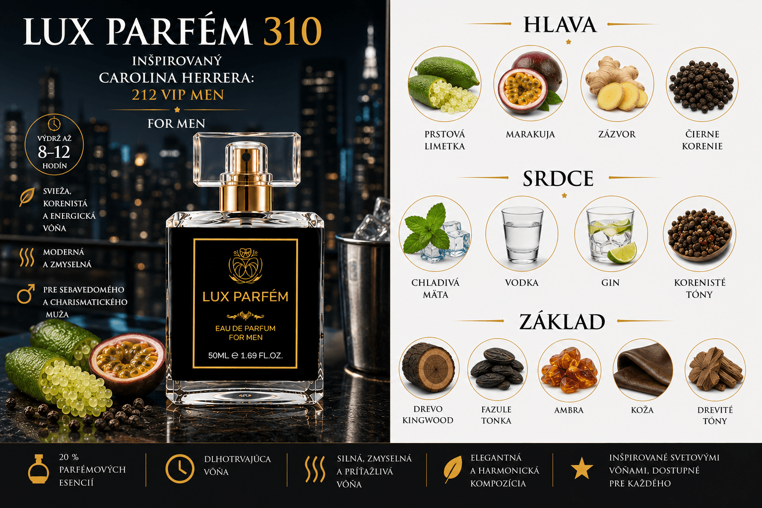 Lux Parfém 310 – Inšpirovaný Carolina Herrera: 212 VIP Men